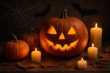 Fototapeta premium Halloween jack-o'-lantern pumpkin with glowing grin and triangular eyes next to dripping candle and cobwebs against dark spooky background