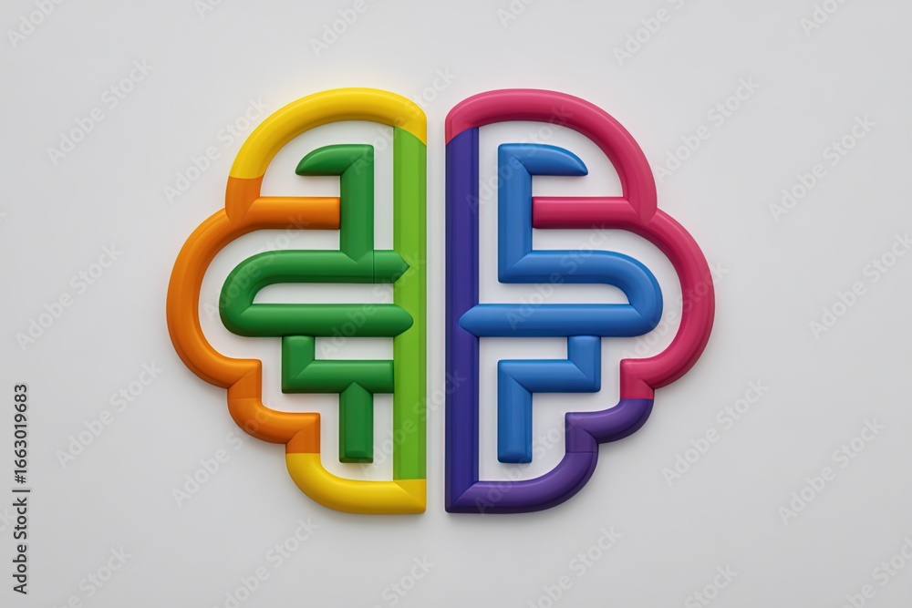 Poster colorful brain concept illustrating the duality of thought and creativity while integrating psycholo