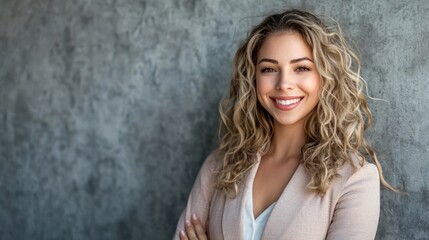 Fototapeta premium A smiling woman with curly blonde hair, wearing a light pink cardigan, standing against a gray concrete wall with her arms crossed, looking directly at the camera.