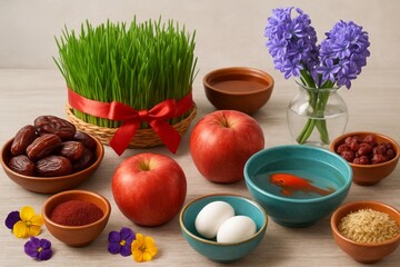 Traditional Haft‑Seen arrangement featuring a wheatgrass centerpiece tied with a red ribbon, surrounded by pomegranates, apples, nuts and colorful bowls for Persian New Year celebration