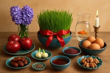 Decorative Haft-Seen arrangement featuring a purple hyacinth, red apples, wheatgrass, colored eggs, nuts and a lit candle for Persian Nowruz celebration