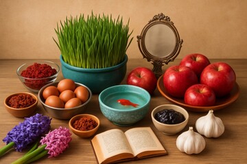 Traditional Haft-Seen arrangement with wheatgrass, apples, colored eggs, garlic, hyacinth flowers, a book and mirror for Persian Nowruz