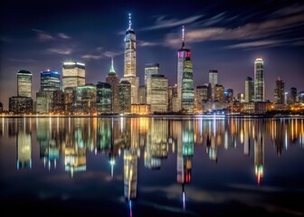 Darkened skyscrapers reflected in the dark waters of Hudson River