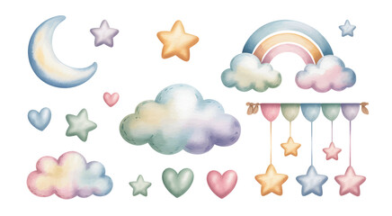 Soft pastel watercolor collection with dreamy sky elements. Hand painted sun, moon, clouds and stars in fantasy pastel tones. Nursery elements Illustrations.