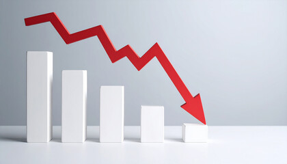 Minimalist white graph with red arrow pointing down. Business risk, financial decline and money loss