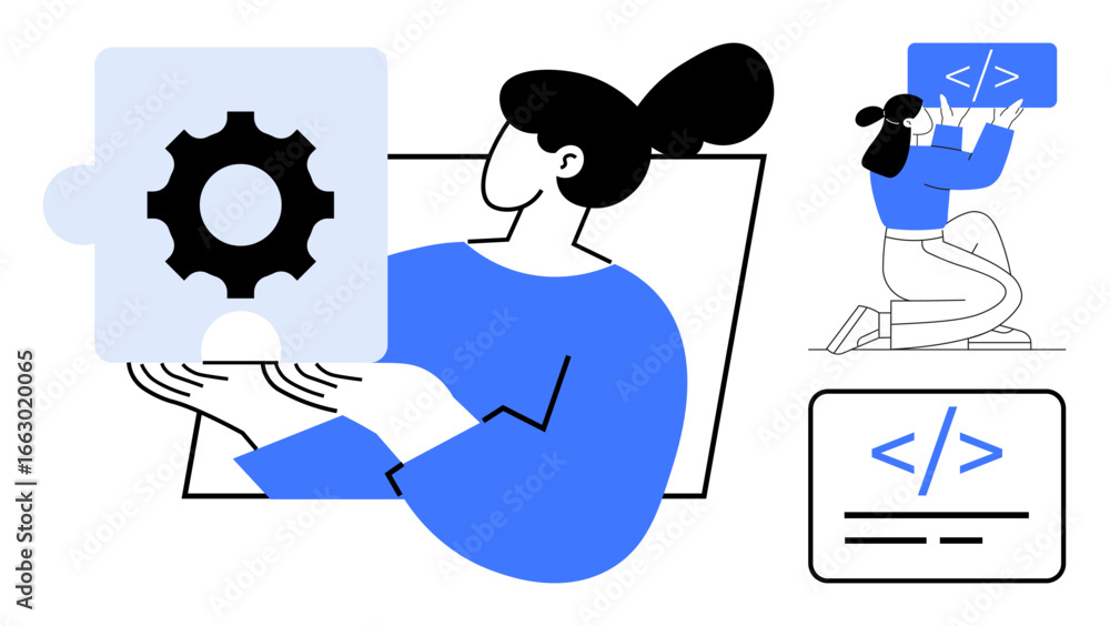 Poster woman holding gear puzzle piece, kneeling figure, and coding symbols. ideal for teamwork, problem-so