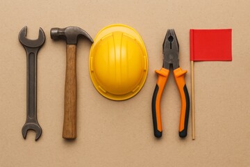 Yellow hard hat, pliers, hammer and spanner with red flag on neutral background symbolizing labour day and workers' rights