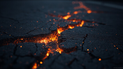 A gritty asphalt close-up shows detailed cracks, beneath which fiery, molten volcanic-like glow creates a dramatic, intense, and dynamic effect.