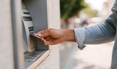 close-up of hand inserting debit card into ATM,