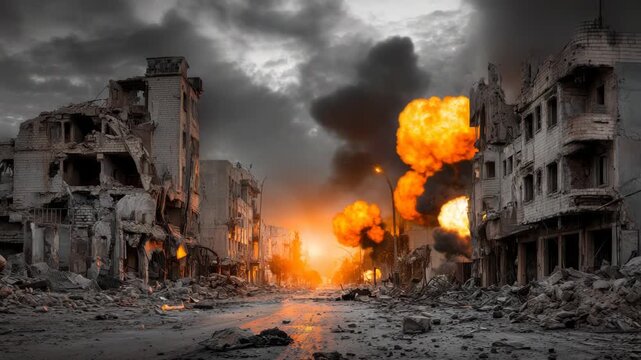 Aftermath of war: Explosions ripping through ruined city street, apocalyptic cityscape