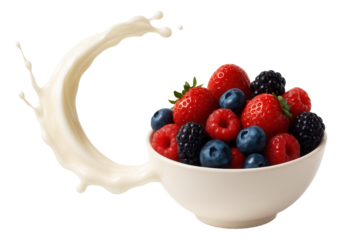 Milk arching elegantly toward a bowl filled with vibrant mixed berries.