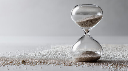 An hourglass rests on sand at day time , illuminated by soft sunlight, evoking the passage of time and tranquil solitude.