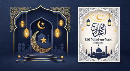 Elegant eid miladunnabi mubarak design with islamic elements and podium display