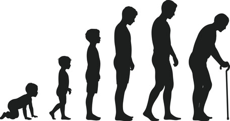 Male life stages silhouette from crawling baby to elderly man with cane, age progression concept, human development, aging process vector graphic