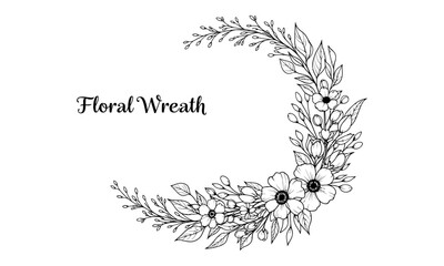 Delicate floral wreath design featuring blooming flowers and intricate leaves in a crescent shape © sehrish