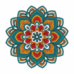 A bold and symmetrical floral mandala radiates with a warm color palette of orange and red, beautifully contrasted by cool teal and crisp white accents.