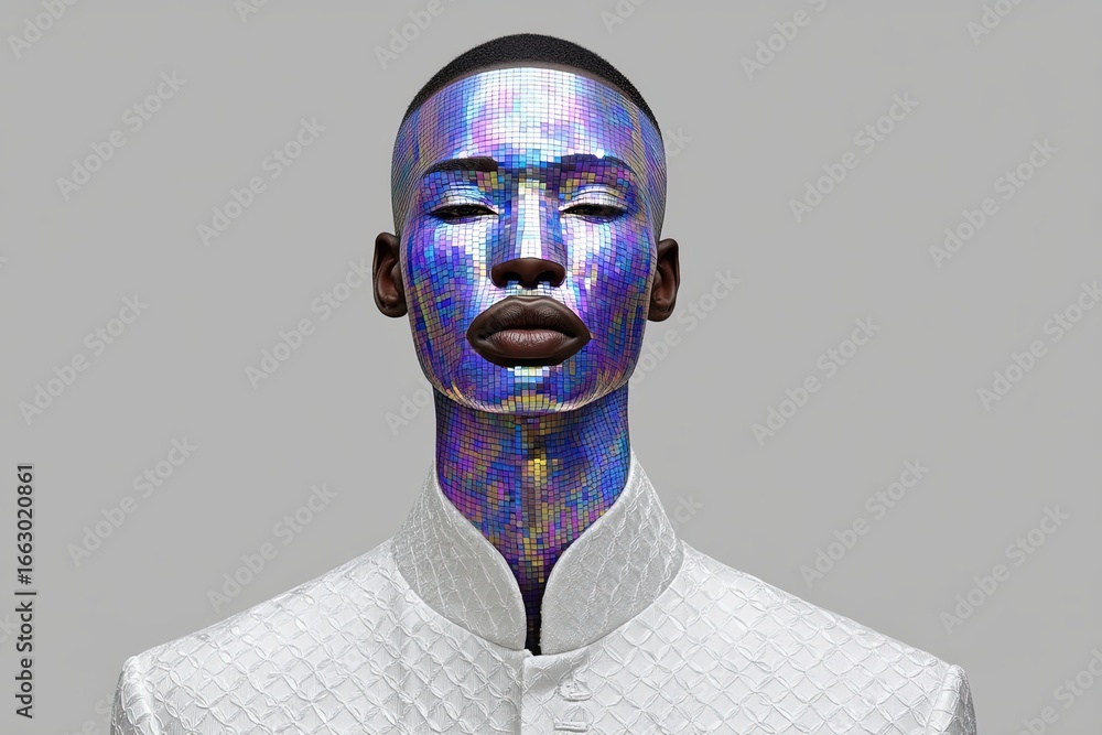 Poster a mesmerizing portrait of an individual adorned with shimmering mosaic patterns showcasing cutting-e