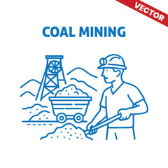 Outline Graphic Illustration: Coal Mining Excavation with Excavators, Trucks, and Machines at Mining Site