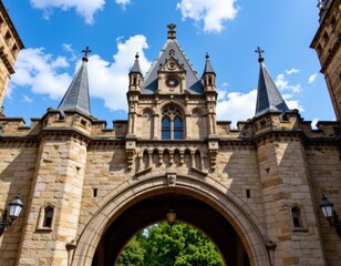 Fototapeta premium a castle bridge arch with pointed gothic apex ribbed vaults carved spires and hanging iron lanterns producing a dramatic authentic medieval european architectural scene