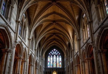 Fototapeta premium a cathedral nave arch with ribbed stone vaults pointed apex detailed tracery and stained glass panels producing a majestic gothic medieval european religious interior scene