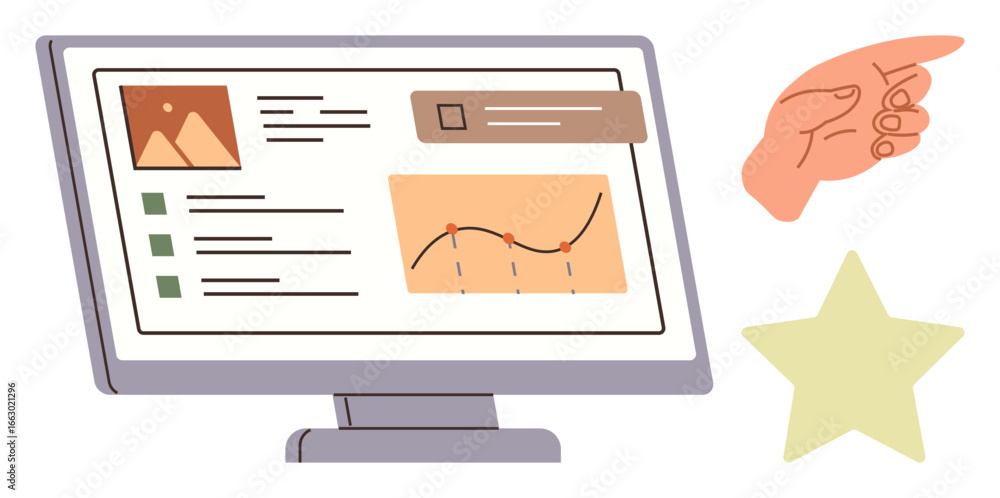 Poster desktop screen displaying data chart, notifications, and multimedia. hand gesture and star indicate 