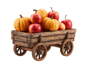 Wooden cart filled with vibrant pumpkins and red apples, rustic autumn harvest display, seasonal produce arrangement, cheerful and festive farm style decoration