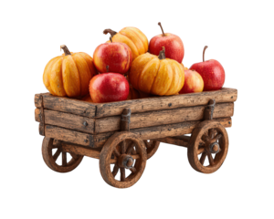 Wooden cart filled with vibrant pumpkins and red apples, rustic autumn harvest display, seasonal produce arrangement, cheerful and festive farm style decoration
