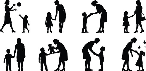Mother and child silhouette playing together, holding hands, nurturing, bonding moments, family love, parenting, care, interaction, childhood, happiness