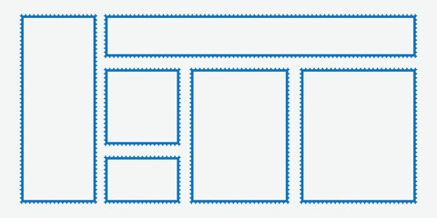 Postage stamp frames set. Empty border template for postcards and letters. Post stamp. Blank frames of postage stamps. Empty postal shapes border set.