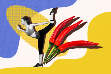 Creative artwork pop full image collage of gymnast girl do yoga pilates hot pepper nutrition vegan...