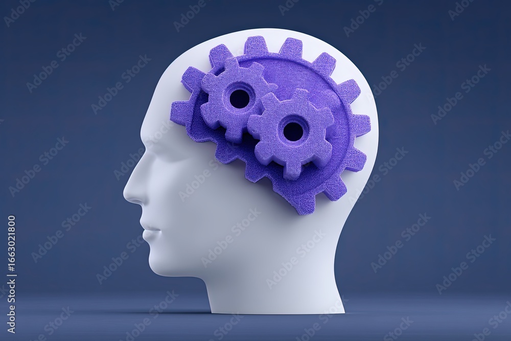 Poster The intersection of cognitive processes and mechanical engineering illustrated through a stylized human head with purple gears representing innovative thought and problem-solving capabilities