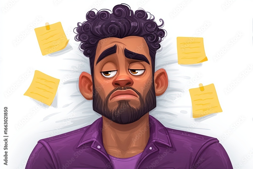 Poster Man with curly hair lying on bed surrounded by sticky notes expressing feelings of confusion and contemplation while navigating life and decision-making uncertainties