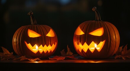 Two carved pumpkins glow with orange light Both have angular eyes and jagged mouths with candle flames Autumn leaves lie around them