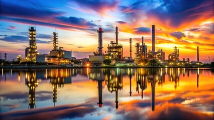Naklejka premium Industrial refinery plant with water reflection at sunset
