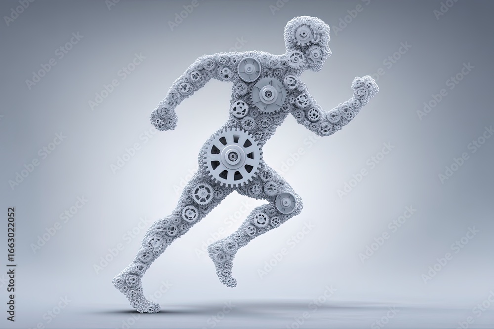 Poster dynamic fusion of human athleticism and mechanical innovation depicted through a running figure made
