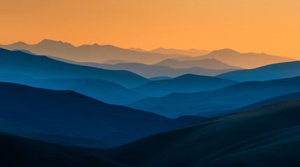 Fototapeta premium Layered hills form a serene silhouette at sunrise, bathed in soft orange light, creating a peaceful, atmospheric, and dreamy landscape.