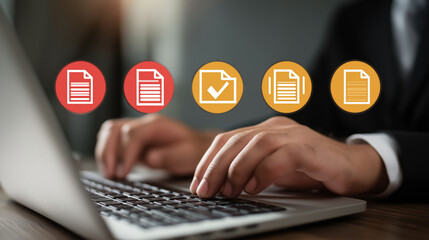 Legal document management and preparation system visualized with files and technology, highlighted by lightning symbols representing speed and efficiency.