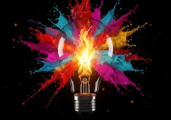 A vibrant explosion of colorful paint splashes erupts from a glowing light bulb with a fiery flame inside, symbolizing creativity and innovation