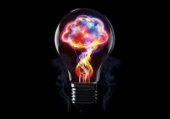 A glowing lightbulb with a vibrant, colorful brainshaped cloud of energy and smoke emanating from it, symbolizing creativity and innovation