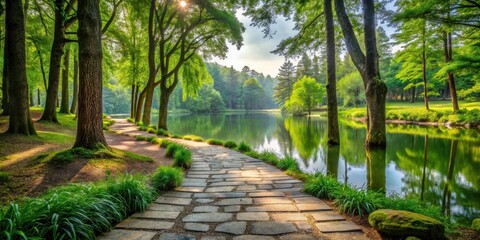 Stone pathway leading to a serene lake or pond surrounded by tall trees and lush greenery