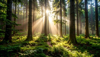 Fototapeta premium Sunlight streams through a dense forest (3)