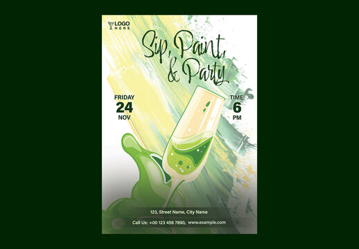 Paint and Sip Party Flyer with Cocktail Glass and Paint Brushes for Art and Wine Event Promotion, Editable Design.