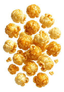 A collection of kettle corn pieces, with a mix of sweet and salty, captured in motion.