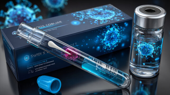 Test tube with cotton swab for nasopharyngeal specimens. Realistic tube for testing in laboratory on coronavirus SARS CoV-2. Blurred Covid-19 NCP cells. Vector illustration.