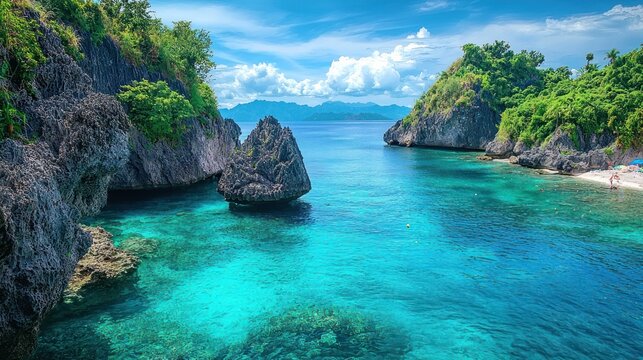 A serene tropical beach scene with crystal-clear turquoise waters, lush greenery, and a rocky shoreline. - Powered by Adobe