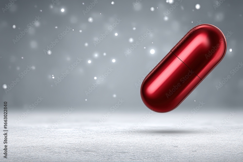 Poster captivating red capsule suspended in mid-air against soft glowing backdrop creating a sense of scien