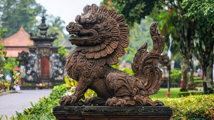 A large, intricately carved stone lion statue with ornate patterns, standing in a lush, green garden with a traditional stone temple in the background.