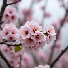 Naklejka premium Close-up of delicate pink cherry blossoms on a branch, with a soft-focus background of more blossoms. The scene conveys tranquility and the beauty of spring.