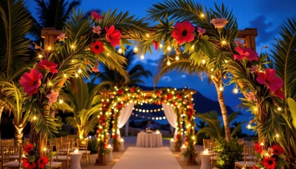 Obraz premium a tropical arch decorated with led lights hanging from bamboo poles illuminating palm leaves and bright flowers producing festive exotic wedding ambiance