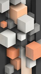 Abstract 3D cubes in varying shades of orange, gray, and white, arranged in a dynamic composition against a dark background